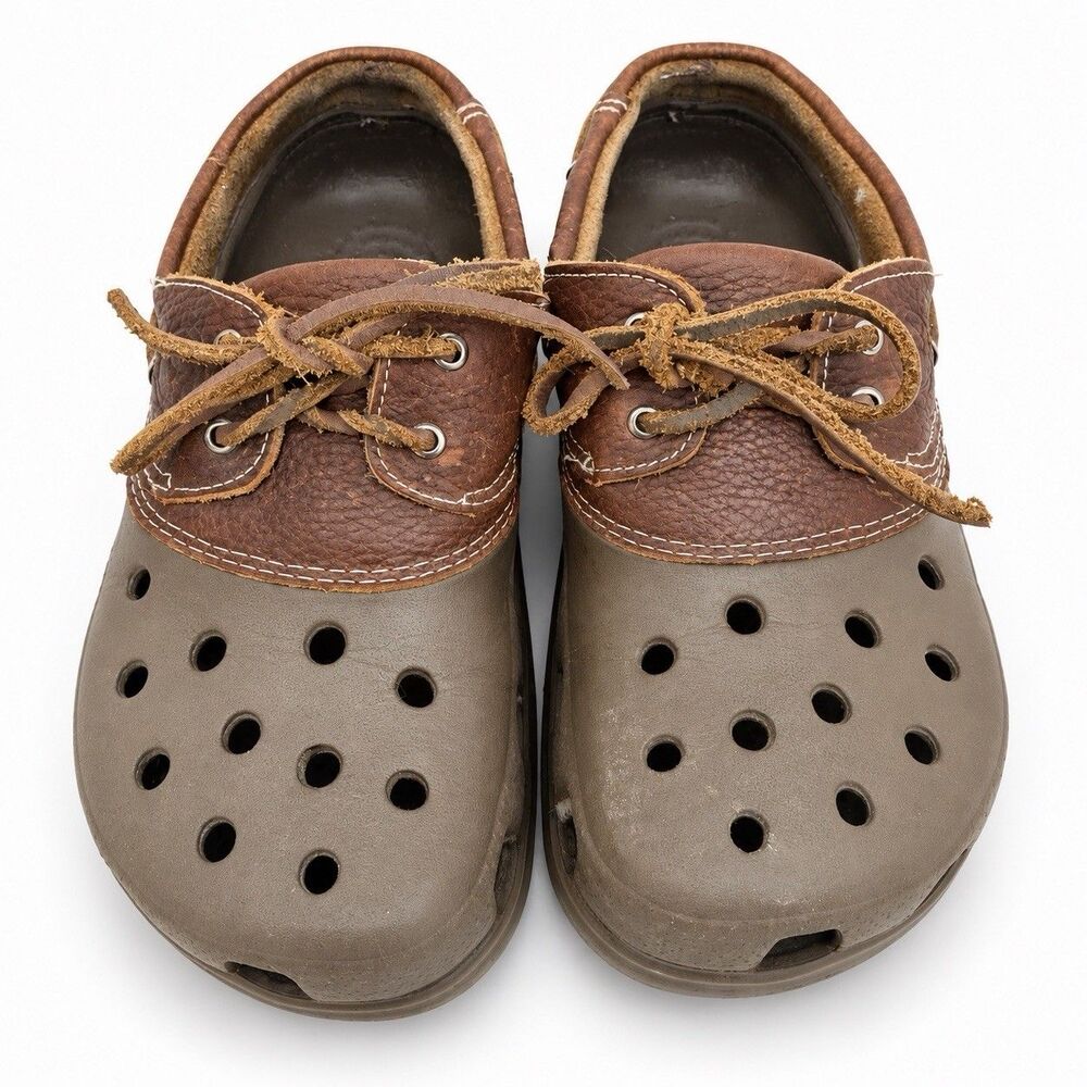 Crocs Islander Pitcrew Boat Shoe Clogs Brown Leather Men 8 Women 1